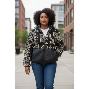 (C-95)Spyder Women’s Fleece Jacket L/XL‎ Black Ivory Pattern Quilted Zip Hoodie